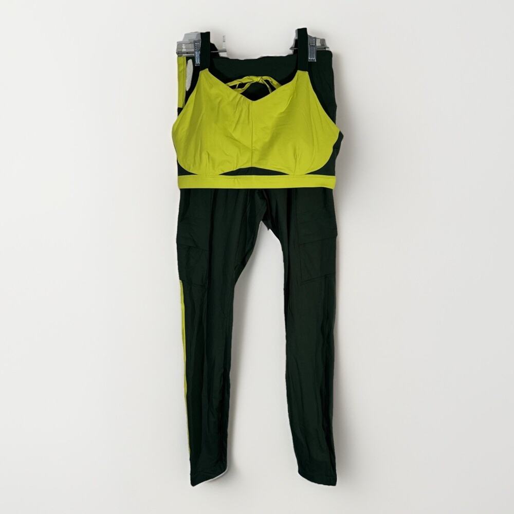 MPG Sport Women’s Running Bra Pants Set M Neon Yellow Navy Blue Vital Mesh Back